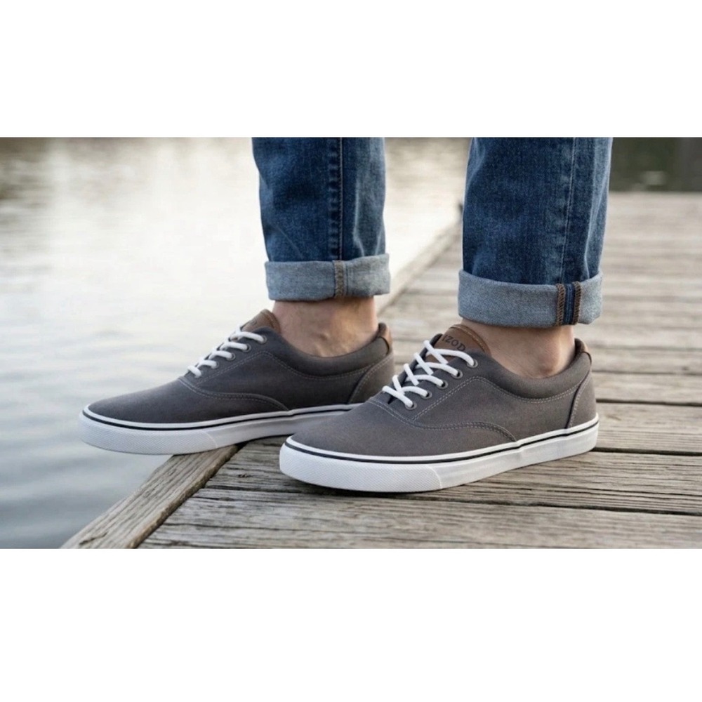 IZOD Rangley Mens Sneakers Gray Canvas Memory Foam Low Top Shoes Size 11 NEW